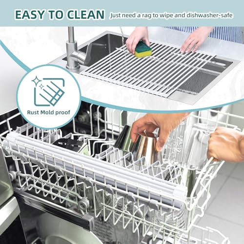Ohuhu Over Sink Dish Drying Rack, 17.6" W x 15.4" L Roll Up Dish Racks Kitchen Sink Organizer Silicone Wrapped Large in Sink Dish Drying Rack Foldable Rolling Drain Mats Anti-Slip - color: White, size: 17.6"W x 15.4"L