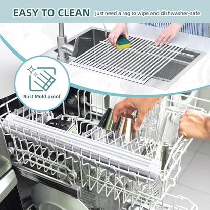 Ohuhu Over Sink Dish Drying Rack, 17.6" W x 15.4" L Roll Up Dish Racks Kitchen Sink Organizer Silicone Wrapped Large in Sink Dish Drying Rack Foldable Rolling Drain Mats Anti-Slip - color: White, size: 17.6"W x 15.4"L