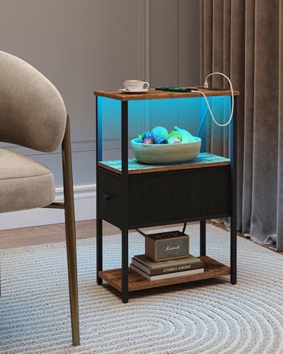 TUTOTAK Small Narrow LED End Table with Charging Station, Set of 2 | Side Table with Outlets, Nightstand with Cloth Drawer, Couch Table for Living Room, Bedroom, Brown and Black TB01BB059K - color: Brown and Black, style: 1 Drawer with Plug & Light