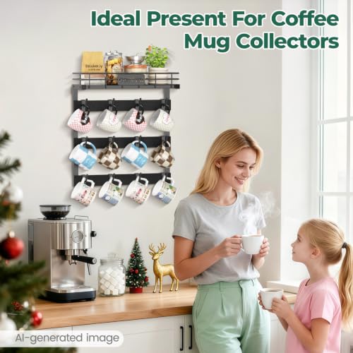 EsLuker.ly Coffee Mug Holder Cup Hanger Wall Mounted Display Rack | Metal Organizer with 12 Movable Plastic Hooks, Wood Rustic Shelf for Coffee Bar Home Kitchen, Thoughtful Wall Storage, Black - style: 12 Movable Hooks Black Style
