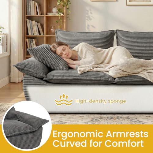 69" Boneless Couch, 3-Seater Oversized Boneless Loveseat Sofa with Removable Cushions & 3 Pillows, Deep Seat Compress Foam Sofa for Living Room, Apartments, & Office - color: Grey, size: 3 Seater (69")