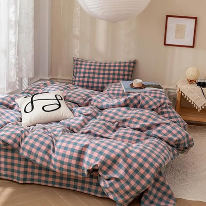 mixinni Plaid Duvet Cover Set Twin Purple - Soft Washed Cotton Modern Geometric Bedding Set with 2 Pillowcases, Pink Blue Gingham Grid Twin Duvet Cover for Men & Women, Soft & Lightweight - color: 02 - Purple/Pink/Blue Plaid, size: Twin