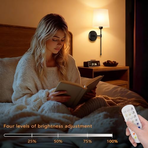 Battery Operated Wall Sconces Set of 2, Wireless Rechargeable Dimmable Wall Light with 5600mAh RGB Bulb and Remote for Bedroom, Living Room, Hallway, Black, 19in - color: Black, size: 19 Inch Set of 2