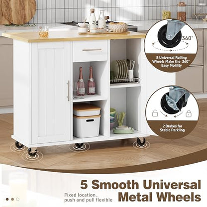 Shintenchi Kitchen Island with Storage, Bar Cart Cabinet Island Table on Wheels, Rolling Microwave Cart for Kitchen with Drop Leaf, Drawers, Towel Rack, Seating Area for Dining Room, White - color: White-42 Inch