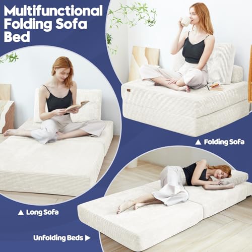 Convertible Floor Couch,NoWall Needed Sleeper Lounger Space-Saving | Convertible couch provides ample guest resting space.Detachable washable cover maintains long-term freshness and cleanliness. - color: Creamy Apricot, size: Twin