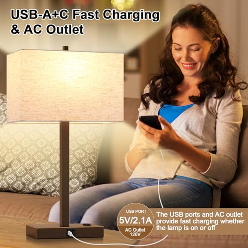 Lynnoland 21" Set of 2 Table lamp with USB A+C & AC Outlets, Touch Control 3-Way Dimmable Nightstand Lamps for Bedroom Living Room Office Reading, Line Shade Touch Lamps, 3000K LED Bulbs Included - color: (2 Pack)Nature Line & Bronze with Gold Edge (Base)