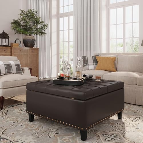 FiveWillowise 31.5 Inch Large Square Ottoman with Storage,Faux Leather | Coffee Table Storage Ottoman Bench with Lift Top Upholstered Footrest Stool Toy Box for Bedroom Living Room,Chocolate - color: Chocolate