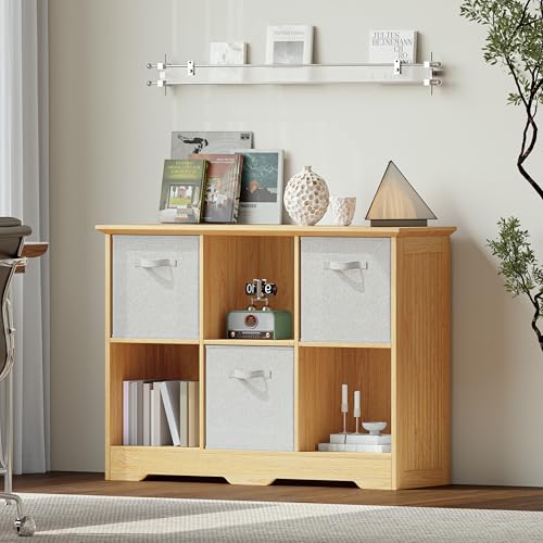 VORONOI 6 Cube Storage Organizer with 3 Fabric Drawers and Removable Shelves — Modular Cube Bookshelf for Bedroom, Living Room, or Home Office, Short Cube Bookcase for Toys, Decor,Natural Wood - color: Natural Wood, size: 6-Cube
