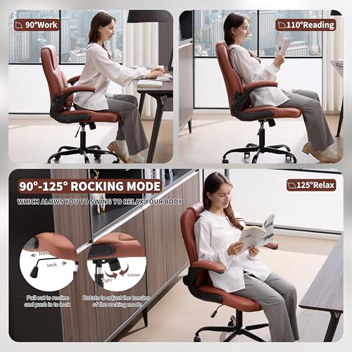 Leather Office Chair Swivel Lumbar Support for Short People Brown | Executive Office Chair PU,Leather Office Chair with Wheels,360° Swivel Rolling Chair with Padded Arm,Ergonomic Computer Chair - color: Brown