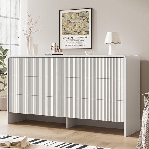 MAISONARIA White Curved 6 Drawer Dresser, Modern Long Dresser for Bedroom, Living Room, or Entryway, Push to Open Storage Chest, Minimalist Scandinavian Style, 55" Wide - color: White, size: 15.7"D x 55.1"W x 29.7"H (6 Drawers)
