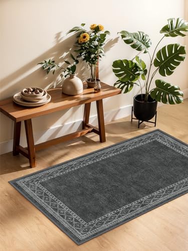 Lahome Modern Bordered 2x3 Rugs for Entryway Bedroom, Gray Kitchen Rugs Non Slip Washable Ultra-Thin Indoor Door Mat for Entry, Soft Stain Resistant Throw Carpet for Laundry(2x3ft,Gray) - color: Grey, size: 2' x 3'
