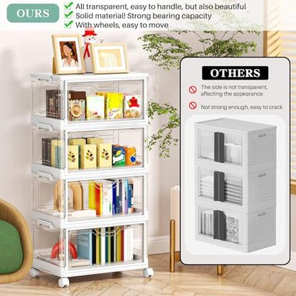 Kmiectse Clear Storage Bins with Lids - 4 Tier 23qt Plastic Stackable Bins | Closet Organizers Box for Bedroom, Living Room, 23 QT Folding Box with Magnetic door - size: 23QT-4Pack&1Lid