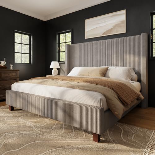 Queen Size Bed Frame with 50.8 Inch Corduroy Wingback Headboard, Taupe | Modern Upholstered Platform Bed, Solid Wood Slats, No Box Spring Needed, Noise-Reducing Design - color: Taupe, size: Queen