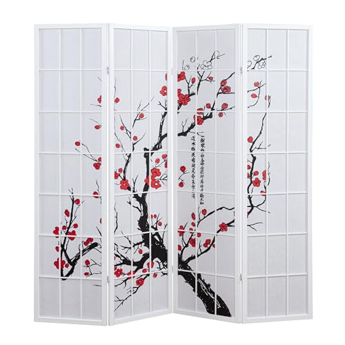 Roundhill Furniture White Japanese 4-Panel Screen Room Divider, Plum Blossom - color: White