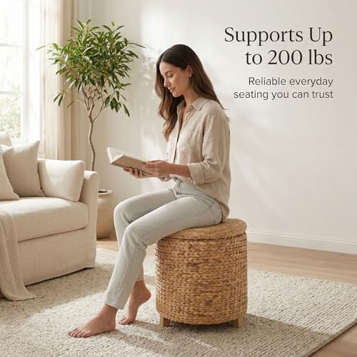 DEILSY™ Round Ottoman with Storage Water Hyacinth Wicker Ottoman with Lid | Handwoven round storage ottoman, wicker ottoman with lid, ideal as extra seating, blanket storage and home organization
