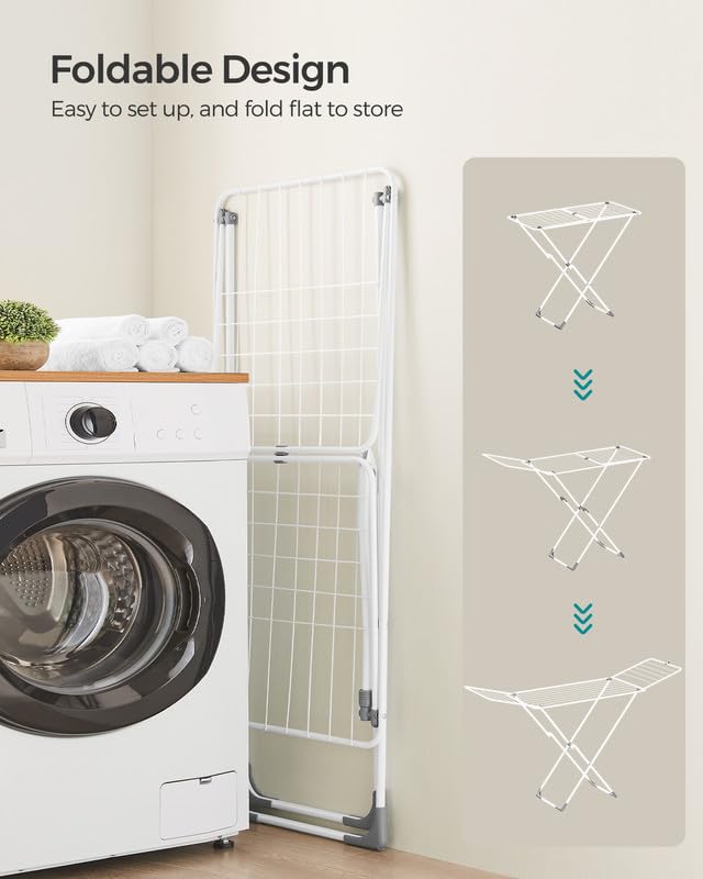 SONGMICS Clothes Drying Rack, Metal Laundry Drying Rack, Foldable, Space-Saving, Free-Standing Airer, with 2 Gullwings, Indoor Outdoor Use, Bed Linen Clothing, White ULLR540W01 - color: White, style: 2 Gullwings（19.7"D)