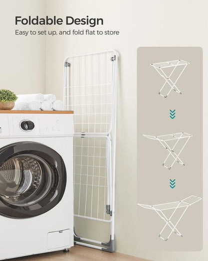 SONGMICS Clothes Drying Rack, Metal Laundry Drying Rack, Foldable, Space-Saving, Free-Standing Airer, with 2 Gullwings, Indoor Outdoor Use, Bed Linen Clothing, White ULLR540W01 - color: White, style: 2 Gullwings（19.7"D)