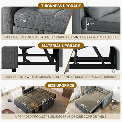 YITAHOME 55" Convertible Sofa Bed | 3-in-1 Sleeper Sofa with Iron Frame Pull-Out Bed, Linen Futon Couch with Reclining Backrest and Side Pocket, Modern Loveseat - color: Grey, size: 71.2 x 46.4in