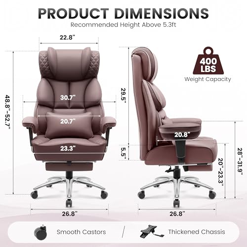 BestGlory Office Desk Chair, Big and Tall Leather Gaming Chair with Footrest, Wide Ergonomic Comfy Executive High-Back Reclining Computer Chairs, Swivel Rolling Wheels and Padded Lumbar Support,Coffee - color: Coffee, style: 3 Position Reclining