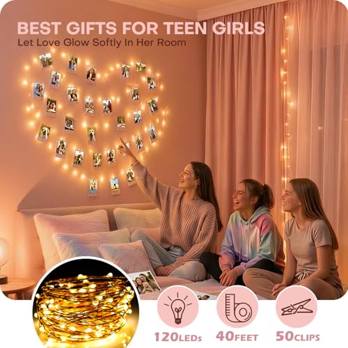 Teen Girl Gifts Trendy Stuff: Aesthetic 40Ft 120LED Hanging Picture Fairy Lights with 50 Clips - 8 Modes & Timer, Waterproof - Trendy Teenager Girl Gift for Birthday Christmas, Dorm Bedroom Wall Décor - color: USB-Warm White