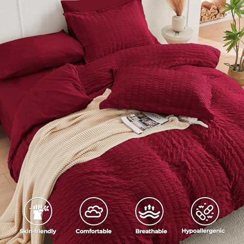 HYMOKEGE Burgundy Twin Size Duvet Cover, Ultra Soft 2-Piece Seersucker Duvet Cover Set with Zipper Closure, Soft Brushed Microfiber Bedding Set with 8 Corner Ties (68"x90", 1 Pillowshams) - color: Burgundy (No Comforter, size: Twin(68"×90")