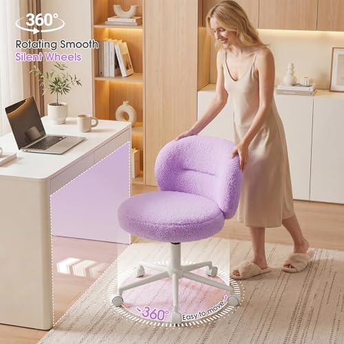 Homkdom Round Vanity Chair with Silent Wheels, 17.32" Wide Seat | Height Adjustable, 360 Swivel & Smooth Rolling, Armless Design for Makeup and Study - Purple - color: Purple