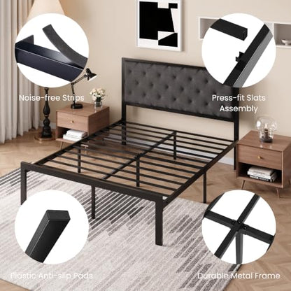SHA CERLIN Queen Size Metal Bed Frame and Linen Tufted Headboard, Dark Gray | Modern Design Heavy-Duty Platform Bed, No Box Spring Need, Linen Fabric Upholstery, Noise Free, Easy Assembly - color: Dark Grey, size: Queen