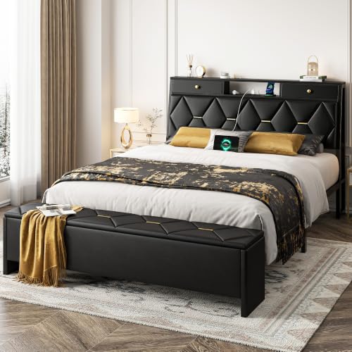 FreeHouse Full Size Bed Frame with Headboard & Storage, All Metal Structure | PU Leather Upholstered Bed Frame Full Size with Charging Station, Diamond Tufted, Gold Accents, No Box Spring Needed, Black - color: Black, size: Full