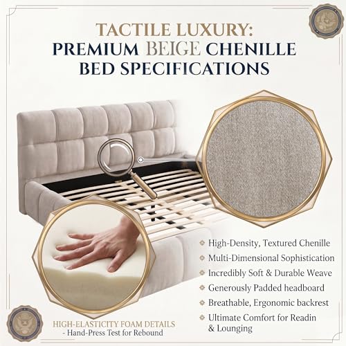 Chenille Fabric Upholstered Platform Bed Frame with Soft Headboard, Modern Low Profile Grounded Design, No Box Spring Needed, Sturdy MDF & Wood Frame, Neutral Style, Beige, Queen - color: Beige, size: Queen (U.S. Standard)