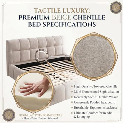 Modern Grounded Chenille Bed Frame, Low Profile Upholstered Platform Bed with Inset Design, No Box Spring Needed, Quiet & Sturdy MDF Wood Foundation, Zero-Gap Cleaning, King, Beige - color: Beige, size: King (U.S. Standard)