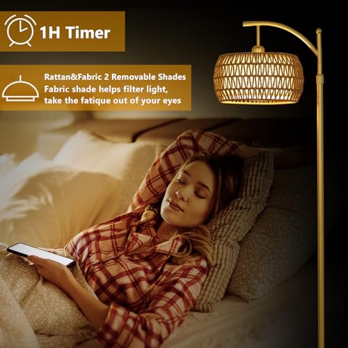 eyassi Arc Floor Lamp with 3 Color Temperatures, LED Gold Floor Lamp with Remote & Stepless Dimmable Bulb, Boho Standing Lamp with Rattan & Fabric Shades, Farmhouse Tall Lamp for Living Room Bedroom - style: Bohemian-Gold