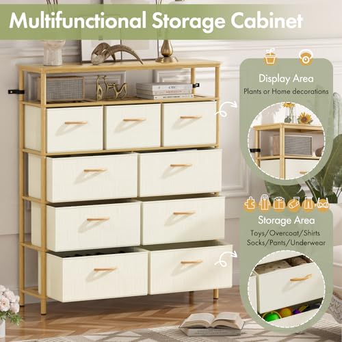 9 Drawer Fabric Dresser, Bamboo Fabric Drawer Dresser, Large Capacity Storage, for Bedroom and Living Room - size: 11.8"D x 39.6"W x 40.2"H (9 Drawers)
