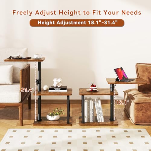 IBUYKE 360° Swivel Height Adjustable C Shaped Side Table,Brown UTVT006H | Tv Tray Table,End Table for Small Spaces Sofa Bed,With Storage Shelf,3-Tier Night Stand,For Living Room,Bedroom - color: Brown