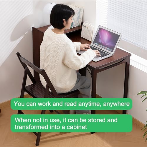 Bamboo Fold Out Desk with Storage, Mid Century Hideaway Desk for Small Spaces, Folding Computer Desk for Home Office Bedroom Apartment, Space Saving - color: Walnut