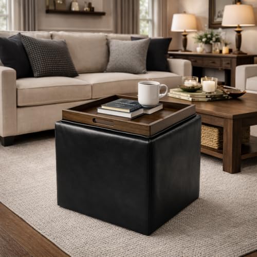 HomePop 17.5" Storage Ottoman with Tray Top - Black Faux Leather - color: Black Faux Leather