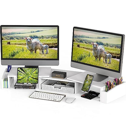 Simple Houseware Desk Dual Monitor Stand Riser with Drawer, White | Customizable Organizer Tray, Built-In Phone & Tablet Slot and Side Storage - color: White