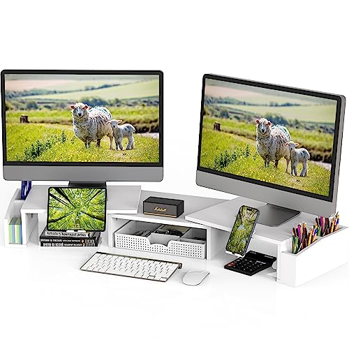 Simple Houseware Desk Dual Monitor Stand Riser with Drawer, White | Customizable Organizer Tray, Built-In Phone & Tablet Slot and Side Storage - color: White