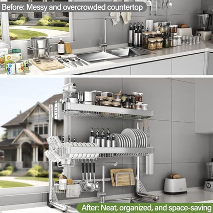 Over The Sink Dish Drainer Drying Rack 3 Tier, Full Stainless Steel Dish Drying Rack Adjustable Length 20.9''-37.4'', Kitchen Sink Shelf, Organized Space-Saving Dish Rack - color: Silver, size: 3 Tier with Flat Grid