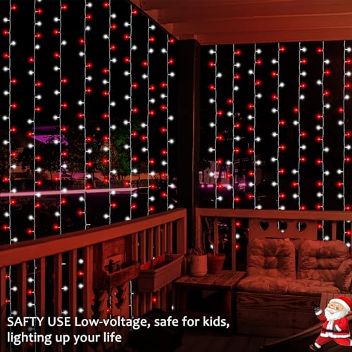 Christmas Curtain Lights Battery Operated Fairy Curtain Lights 9.8×9.8 Ft | 300 LED Battery Curtain Lights with Remote Timer Dimmable 8 Modes for Party Yard Patio Xmas Decor, Red White - color: Red White