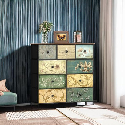 Dresser with Drawers for Bedroom Chest of Drawers Fabric Dresser for Closet,Nursery Entryway Hall Tree TV Stand for Living Room Retro Floral Pattern Drawers Wooden Top (9 Drawers) - size: 11.8"D x 39"W x 39.4"H (9 Drawers)