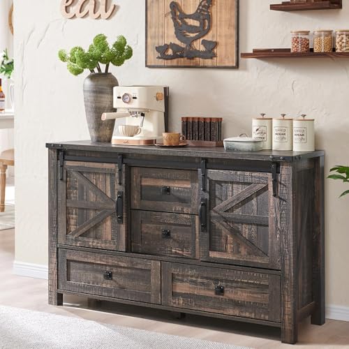 T4TREAM 48" Wide Farmhouse Sideboard Buffet Cabinet, Dark Rustic Oak | 31.2" Tall Kitchen Cabinet with Storage, 2 Sliding Barn Doors, 4 Drawers, Rustic Wood, Coffee Bar Table, Dining Room - color: Dark Rustic Oak