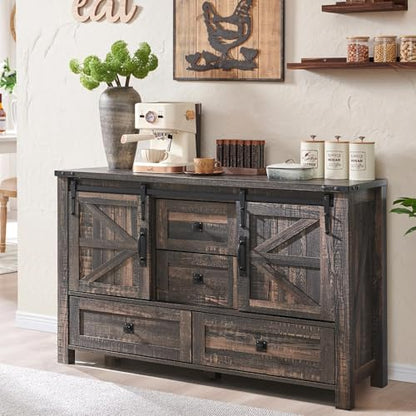 T4TREAM 48" Wide Farmhouse Sideboard Buffet Cabinet, Dark Rustic Oak | 31.2" Tall Kitchen Cabinet with Storage, 2 Sliding Barn Doors, 4 Drawers, Rustic Wood, Coffee Bar Table, Dining Room - color: Dark Rustic Oak