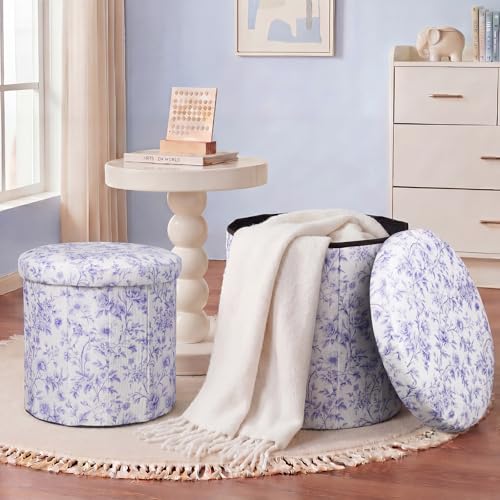 Geetery 2 Pcs Dorm Ottoman with Storage Set Blue Floral Ottoman | Vanity Stool with Storage for Bedroom Coffee Table Small Coquette Foot Stool for Girls Living Room College Dorm Essentials - style: Blue and White Flowers Pattern