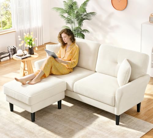 Kidirect Small Sectional Couch, 69" L Shaped Couch, Sectional Sofa, White | Comfy Velvet Couch, Tool-Free Setup, 750lb Max Load, Movable Ottoman, Ideal for Living Room, Bedroom, Apartment, Office - color: White, size: 69" L Shape