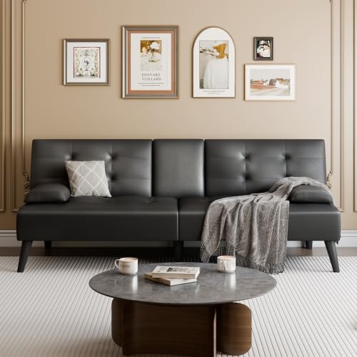 64" Futon Sofa Bed, Small Loveseat with 2 Cup Holders, Small Couch with 3 Adjustable Angles & Removable Armrest, Small Sofa for Small Space (PU Leather, Black)