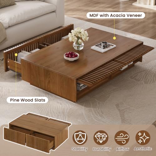 47.2" Solid Wood Coffee Table with Storage Drawers, Walnut | Rectangular Center Table, Low Profile Wooden Cocktail Table, Mid Century Farmhouse Tea Table, for Living Room - color: 47.2" Solid Wood Coffee Table, Walnut