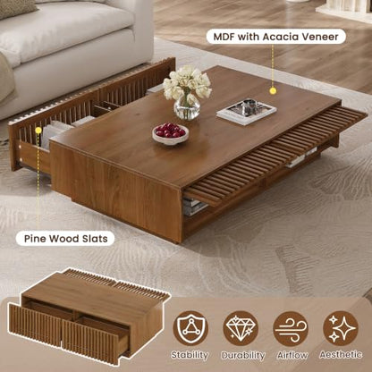 47.2" Solid Wood Coffee Table with Storage Drawers, Walnut | Rectangular Center Table, Low Profile Wooden Cocktail Table, Mid Century Farmhouse Tea Table, for Living Room - color: 47.2" Solid Wood Coffee Table, Walnut