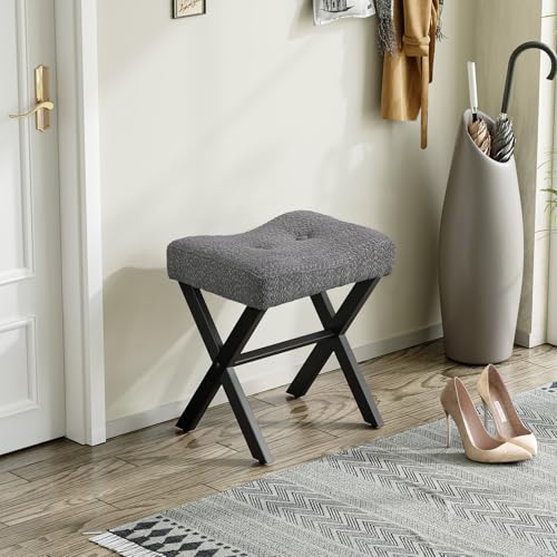 18-Inch Vanity Stool Chair, Gray Makeup Stool | Teddy Flannel Vanity Bench, Metal X-Leg, 300 LBS, 16.3"x12.4"x18", Ottoman Accent Stool, Breathable Soft Saddle Seat - size: Small, style: Gray Fabric