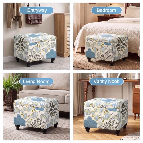 Adeco Colorful Storage Ottoman with Storage, 21" Linen Fabric Ottoman Foot Rest Stool with Hinged Lid with Blue Leaf Pattern, 360 LB Load Capacity, Living Room, Bedroom, Entryway - color: Blue Leaf Pattern