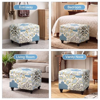 Adeco Colorful Storage Ottoman with Storage, 21" Linen Fabric Ottoman Foot Rest Stool with Hinged Lid with Blue Leaf Pattern, 360 LB Load Capacity, Living Room, Bedroom, Entryway - color: Blue Leaf Pattern
